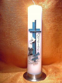 Kommunionkerze türkis blau Kelch mit Fische     5118